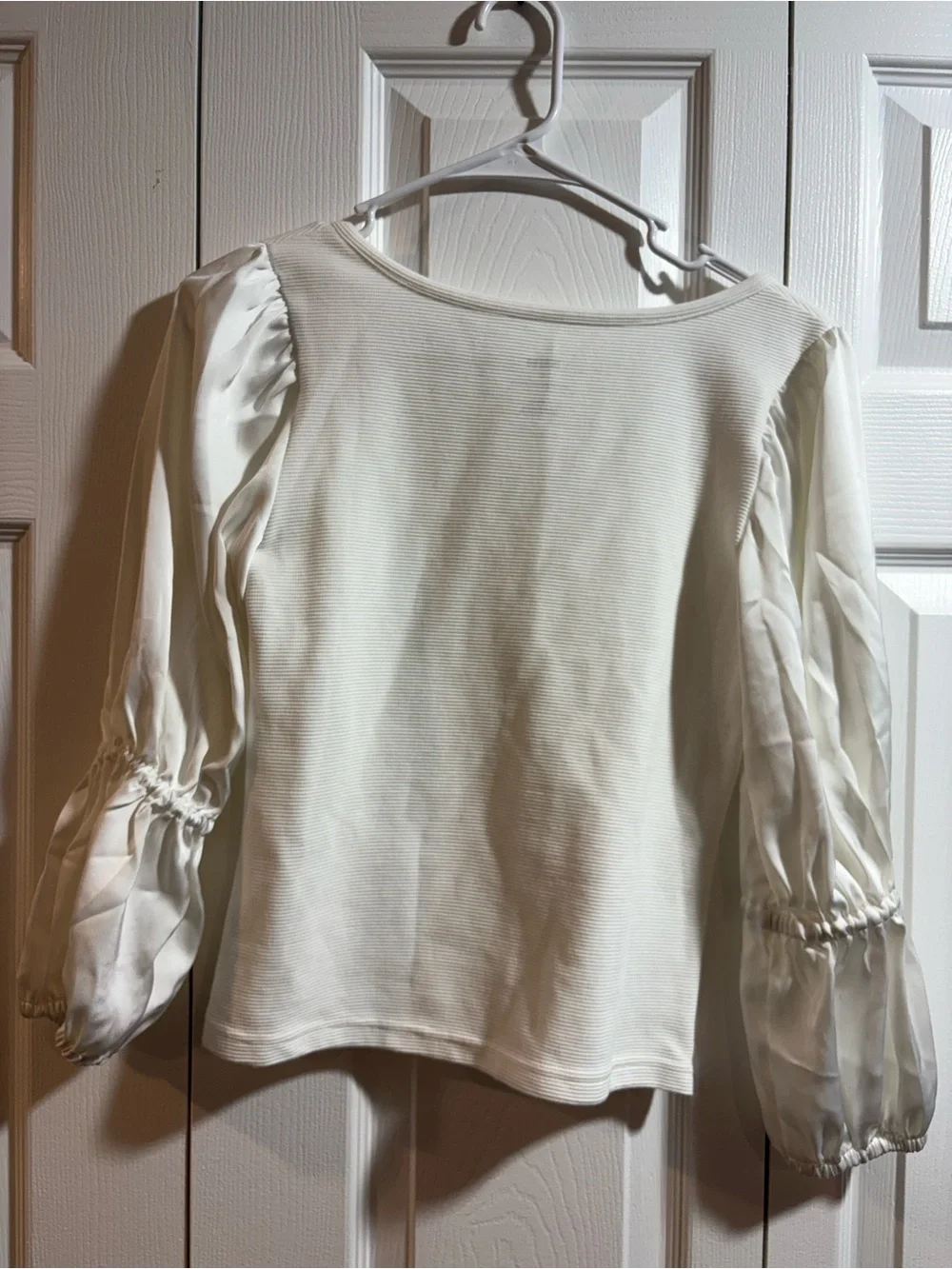 White Mixed Media Knit Top Satin Puff Sleeves Coquette minimalist Parisian chic